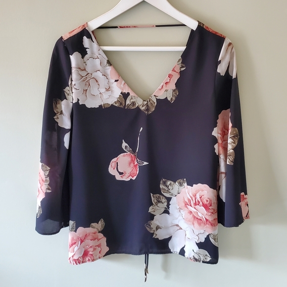 Dynamite S Soft Romantic Whimsigoth Fairy Grunge Floral Criss-Cross Back Blouse - Picture 4 of 11